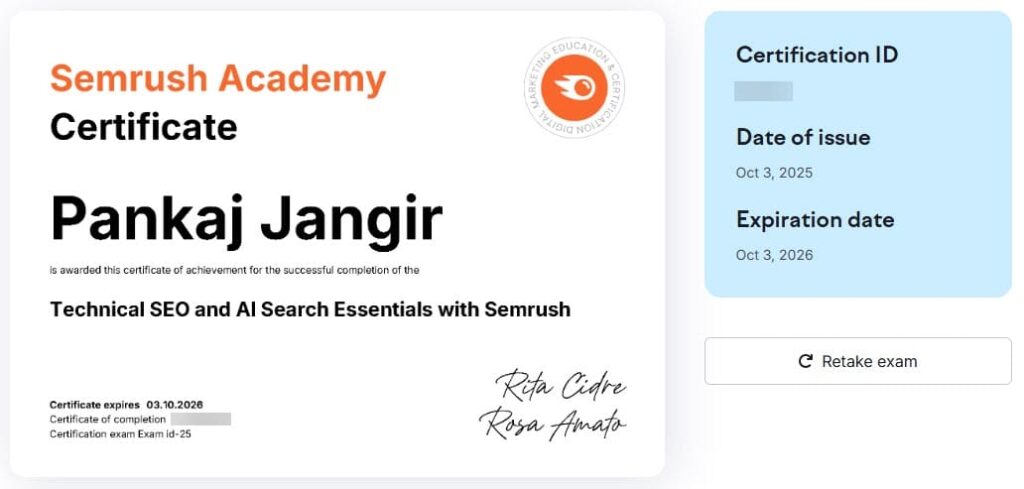 technical seo and ai search essentials with semrush certificate